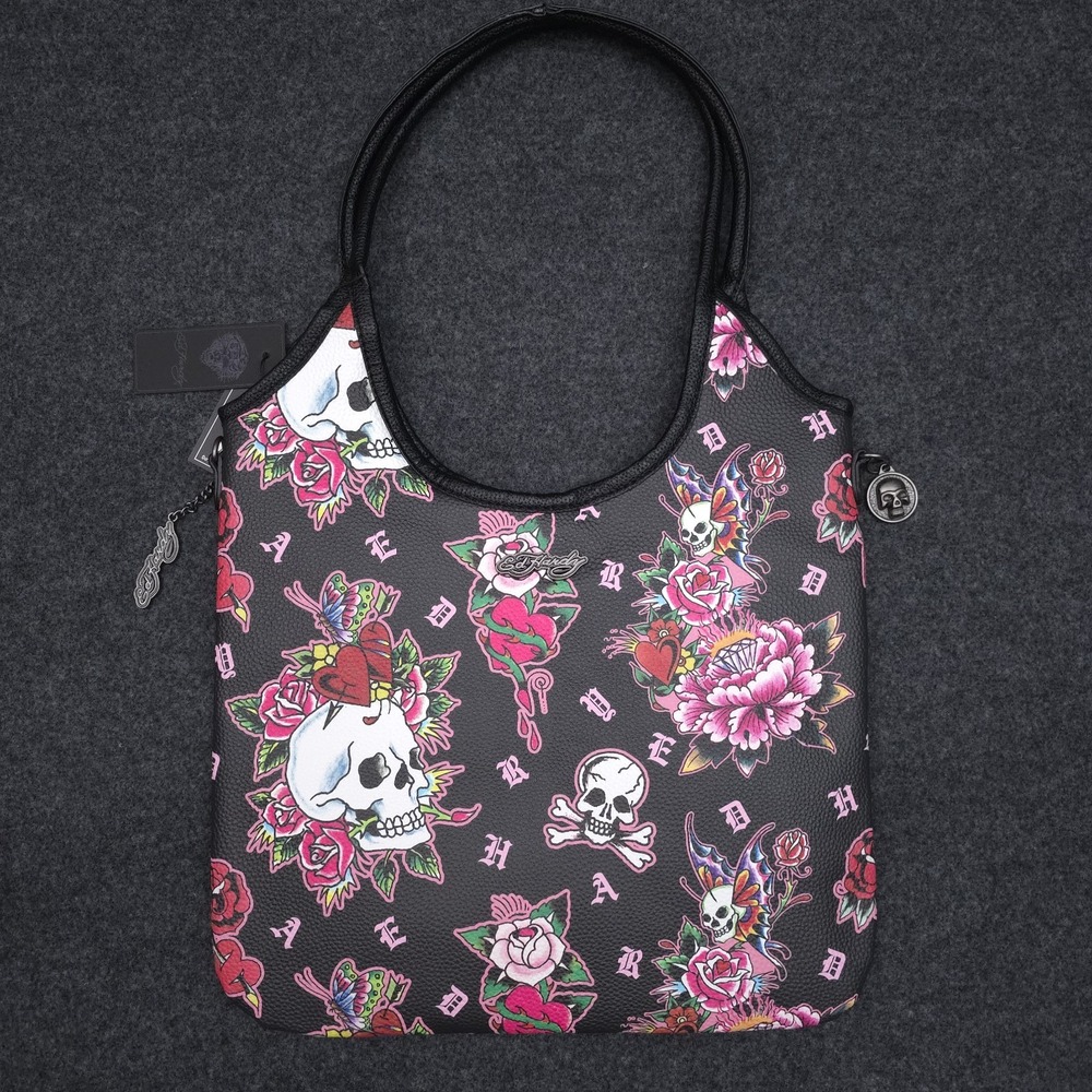 Ed Hardy Womens Black Pink Skull Flower Tatoo Tote Shoulder Bag Punk Glam‎ NWT